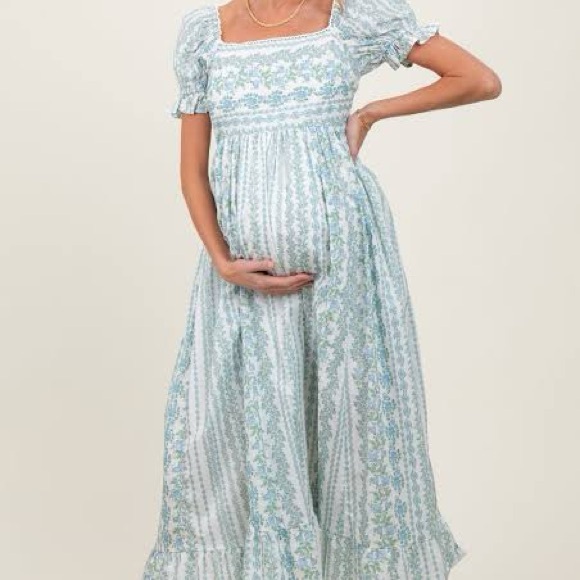 Pinkblush Dresses & Skirts - Light Blue Floral Puff Sleeve Lace Trim Maternity Maxi Dress
